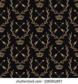 Golden retro abstract seamless pattern with arrows, crowns and laurels on dark background