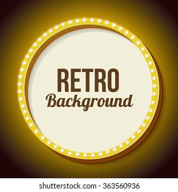 Golden retro frame with lights. Round volumetric 3D frame with white lights and place for your text messages, promotions, advertising or discounts. Neon yellow light falls on the black wall. Vector 