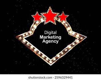 Golden retro frame with lights. Vintage frame with blue neon light on a black wall. Blank white space for your text messages, promotions or discounts. Vector illustration