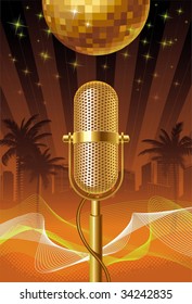 Golden retro microphone and disco ball against a night tropical city.