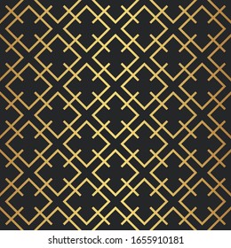 Golden retro repeatable diagonal cross strokes pattern design. Geometric seamless surface vector isolated on black background, minimalist modern motif for print ornament, tessellation, web banner
