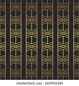 Golden retro repeatable glitter thin linear pattern design. Geometric seamless surface vector isolated on black background, minimalist modern motif for print ornament, tessellation, web banner