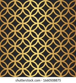 Golden retro repeatable over cross circles pattern design. Geometric seamless surface vector isolated on black background