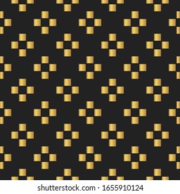 Golden retro repeatable square cross flower shapes pattern design. Geometric seamless surface vector isolated on black background, minimalist modern motif for print ornamentation, backdrop, web banner