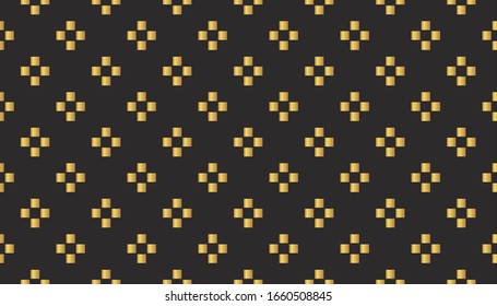 Golden retro repeatable square cross flower shapes pattern design. Geometric seamless surface vector isolated on black background