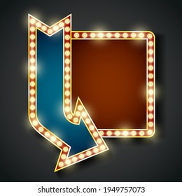 Golden retro style entrance sign with lights, arrow direction sign