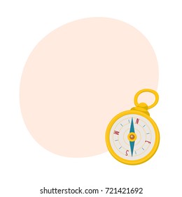Golden retro style navigational compass with place for text, cartoon vector illustration isolated on white background. Cartoon style navigational compass in golden case