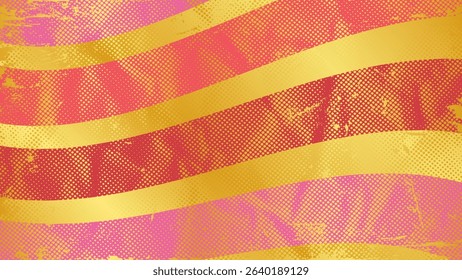 Golden Retro Vintage Wave Pattern Wallpaper with Scratched Damaged Grunge Halftone Texture