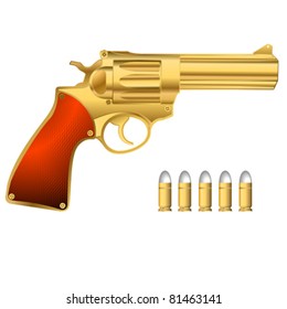 Golden revolver and bullets, isolated objects over white background