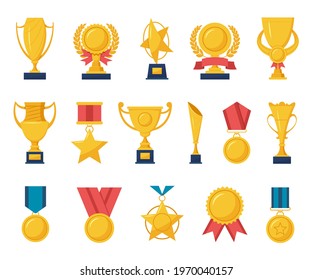 Golden reward. Gold trophy cups, champion medals, laurel wreath awards, sport game winner rewards with red ribbon. Cartoon award vector set. Winning in championship, contest or tournament