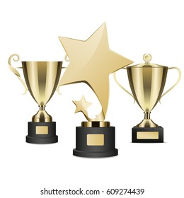 Golden rewards vector realistic collection on white. Three prizes for winners in shapes of stars and deep cups, open and with cover on black stands isolated. Metal trophy awards colorful poster.