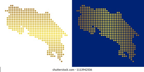 Golden rhombic Costa Rica map. Vector geographical maps in golden colors with vertical and horizontal gradients. Abstract composition of Costa Rica map designed of rhombic items.