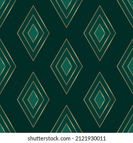 Golden rhombs on green background. Vector illustration. Art deco style. 