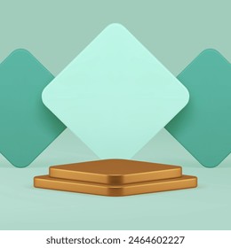 Golden rhombus 3d podium pedestal with geometric wall background realistic vector illustration. Luxury stand display green pastel advertising showroom mock up for cosmetic product show presentation