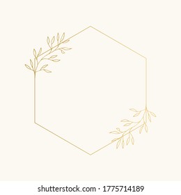 Golden rhombus frame with botanical design elements. Wedding glitter design. Vector isolated illustration.