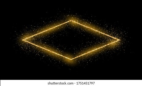 Golden rhombus frame with glitter, sparkles and flares on dark background. Empty luxury backdrop. Vector illustration.