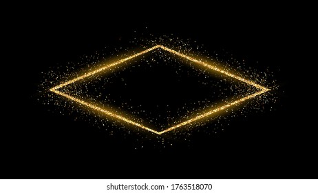 Golden rhombus frame with glitter, sparkles and flares on dark background. Empty luxury backdrop. Vector illustration.