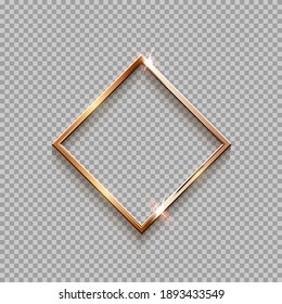 Golden rhombus frame for picture isolated on transparent background. Blank space for picture, painting, card or photo. 3d realistic modern template vector illustration. Simple gold object on wall.