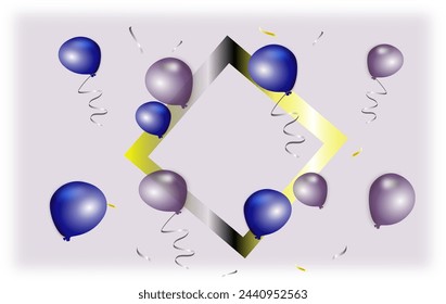 golden rhombus metal frame in center, purple, blue balloons flying around, silver, golden party popper ribbons ,pink template, background,party,birthday, mother's day,father's day,valentine, Christmas