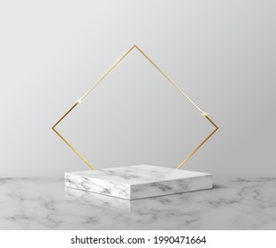 Golden rhombus on gray marble square for product. 3d pedestal in stone pattern vector illustration. Geometric stage on floor in room. Abstract place for award ceremony