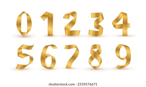 Golden ribbon 3D numbers set. Birthday golden luxury numbers. Collection of gold yellow isolated numbers. Bright realistic metallic 3D ribbon, vector design elements. Template golden numbers.