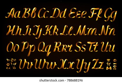 Golden Ribbon Alphabet On Black Background. Italic Font. Set Of Uppercase And Lowercase Letters, Diacritic Marks. 