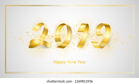 golden ribbon alphabets happy new year 2019 on sparkle glitter background. Can be used as website banner, background, poster, greeting card, happy new year card. etc