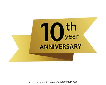 Golden ribbon anniversary emblem. 10 years birthday celebration design for party and invitation card. Vector illustration. 