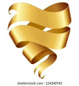 Golden ribbon banner in the shape of heart isolated on white background