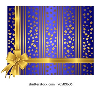Golden ribbon with bow against a striped and stars background. 8EPS. Vector illustration.