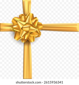 Golden ribbon with bow for gift box. template isolated on transparent background. Vector mockup.