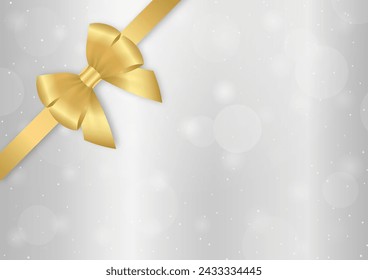 Golden Ribbon Bow on Silver Background for Christmas and New Year Event. Vector Illustration.