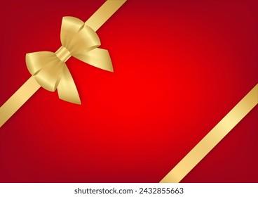 Golden Ribbon Bow. Vector Illustration  on Red Background for Christmas and New Year Event. 