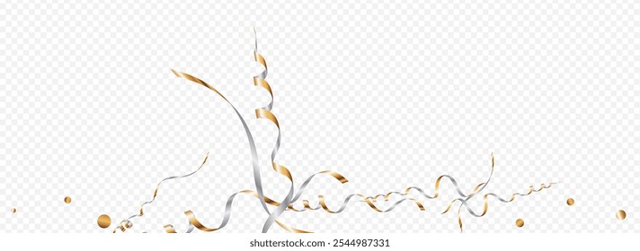 Golden Ribbon Celebration Vector Panoramic Transparent Background. Falling Streamer Poster. Confetti Happy Branch. Gold Swirl Plant.