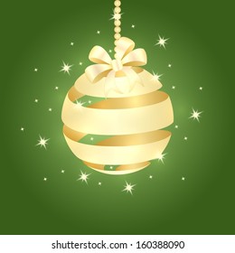 Golden ribbon Christmas ball over green background with stars