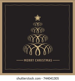 Golden ribbon of Christmas tree for Christmas concept on black background. Illustration vector greeting card.