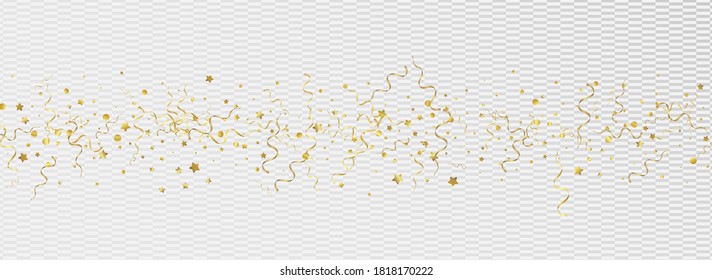 Golden Ribbon Christmas Vector Panoramic Transparent Background. Party Spiral Plant. Star Fun Illustration. Yellow Celebration Branch.