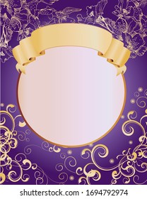 golden ribbon and circle frame on violet background