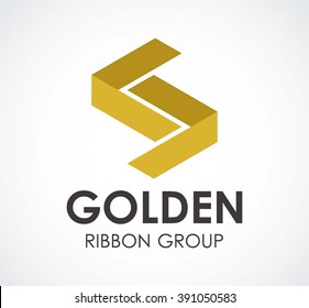 Golden ribbon of connection abstract vector and logo design or template triangle link business icon of company identity symbol concept