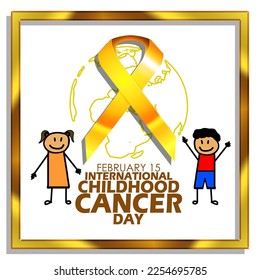 A golden ribbon and earth with girl and boy and bold text in golden frame on white background to commemorate International Childhood Cancer Day on February 15