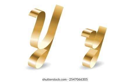 Golden ribbon English alphabet symbol. Gold tape Y letter for decorative font. Vector illustration isolated on white