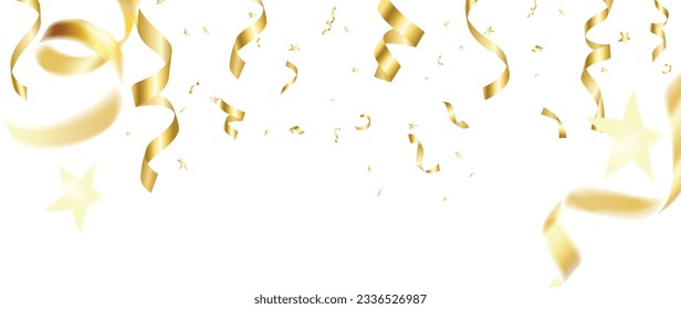 Golden ribbon falling from above background vector. Abstract vibrant ribbon and confetti streamers template design. Celebration festival wallpaper design for opening, party, birthday, backdrop.