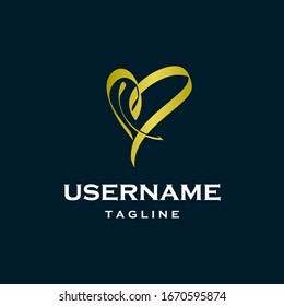 golden ribbon heart logo design inspiration . gold love logo template . love logo monoline ribbon style