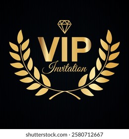 Golden ribbon with laurel wreath and VIP invitation isolated on black background 