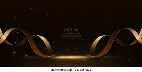 Las líneas de cinta dorada y el efecto de iluminación brillan sobre un fondo marrón oscuro. Diseño de un premio de plantilla de lujo. Ilustración del vector