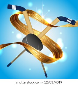 Golden ribbon of liquid paint in a circle of hockey sticks and pucks is a sports hockey game, on a sky blue background