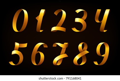 Golden Ribbon Numbers On Black Background. Italic Font. Vector Illustration.