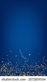 Golden Ribbon Paper Vector Blue Background. Anniversary Star Design. Confetti Party Poster. Yellow Carnival Template.