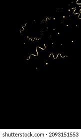 Golden Ribbon Party Vector Black Background. Swirl Confetti Template. Star Flying Design. Yellow Festive Illustration.