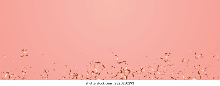 Golden Ribbon Shiny Vector Panoramic Pink Background. Fun Spiral Illustration. Confetti Flying Poster. Yellow Carnival Design.